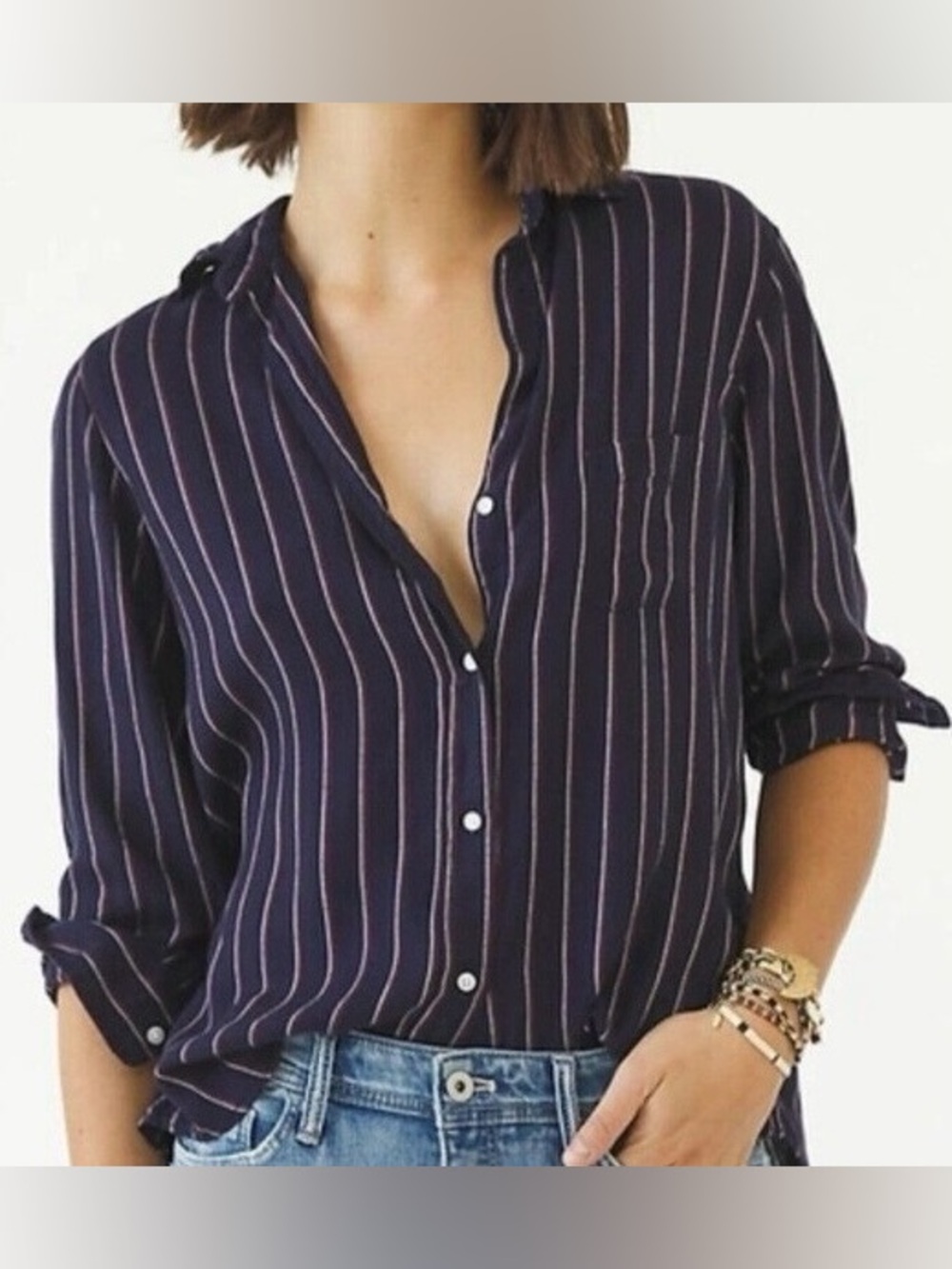 Grayson Navy Stripe Button-Up Flannel Shirt with Pink & Red Pinstripes